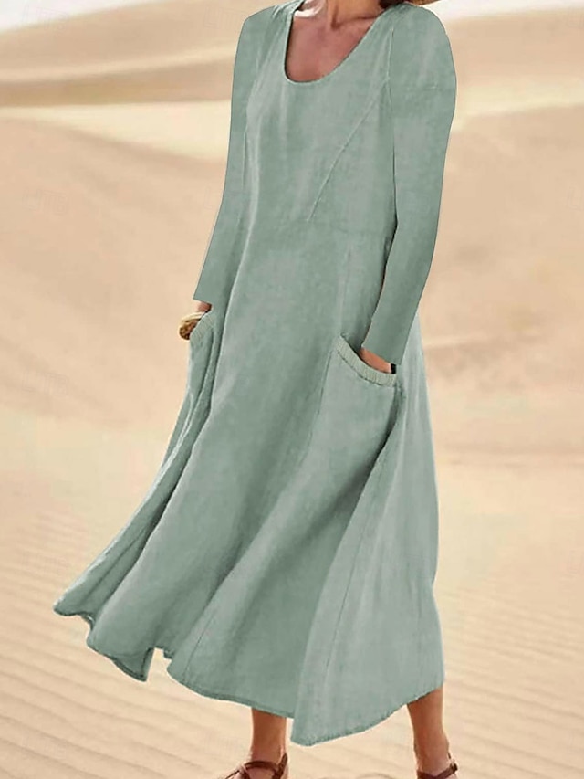  Damen Midikleid Baumwoll-Leinen-Kleider Elegant Stilvoll Basic Urlaub Täglich Date Lässiger Schnitt Einfach Langarm Rundhalsausschnitt Weiß Hellgrün Rosa Himmelblau Frühling Herbst
