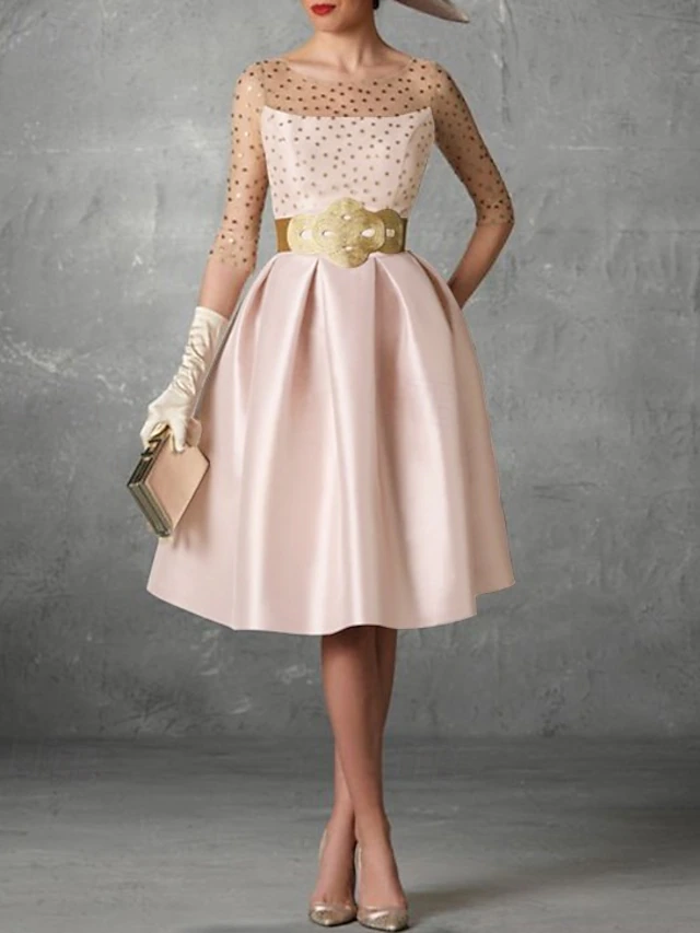 Beach Wedding A-Line Cocktail Dresses Elegant Dress Wedding Guest Kentucky Knee Length Half Sleeve Jewel Neck Pocket Satin with Buttons Pocket Dresses3