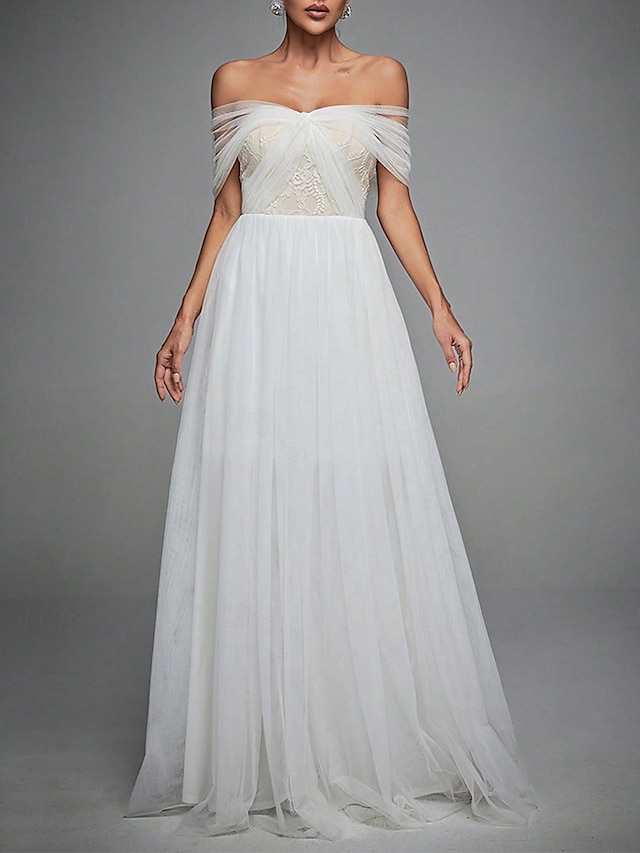  A-formet Brudepige Kjole Off Shoulder Uden ærmer Elegant Gulvlængde Nylon med Split Foran