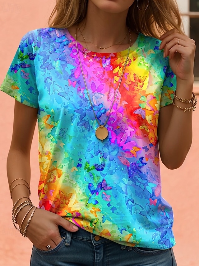  Women's T Shirt Gradient Casual Short Sleeve Round Neck Regular Tops Daily Print Blue Purple Green Rainbow Summer