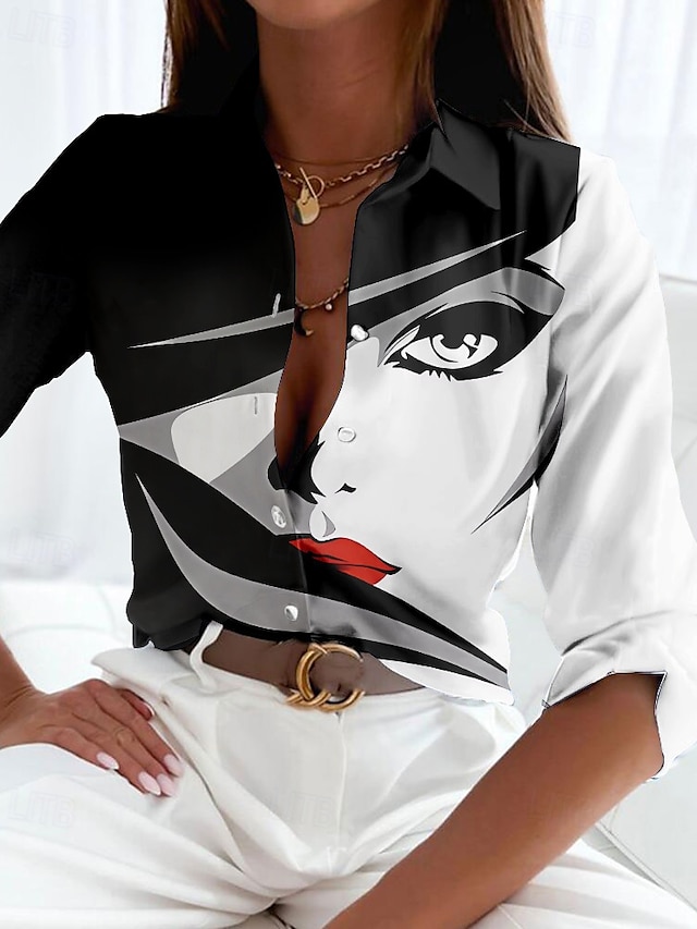  Dames Shirt Basis Abstract Knopen Print Lange Mouw Regular Tops Shirt Kraag Casual Zwart Lente Herfst
