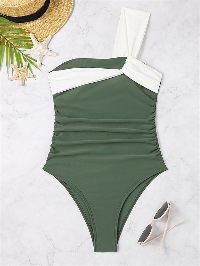  Mulheres Roupa de Banho Uma pedaço Monoquíni roupa de banho Frente Única Compressão abdominal Cintura Alta Delgado Férias Roupa de Praia Côr Sólida Pescoço Assimétrico Sem Manga Fatos de banho