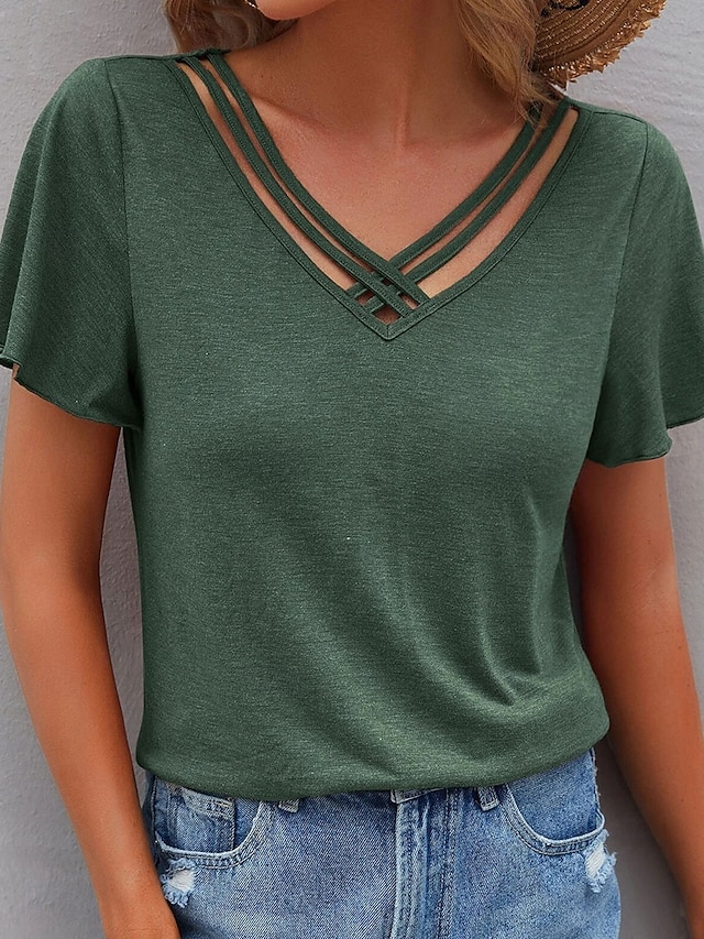  Femme T shirt Plein Mode Moderne Décontractées Manche Courte Col V Hauts réguliers du quotidien Fin de semaine Noir Vert Véronèse bleu marine Violet Eté Printemps
