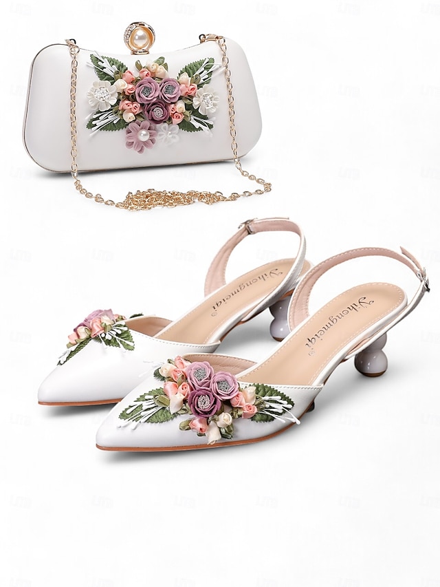  Set de pantofi albi cu toc pisicuță cu ornamente florale de epocă și set clutch asortat pentru femei - ideal pentru nunți și ocazii formale
