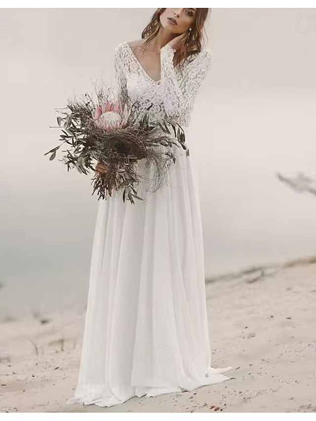  Strand Åpen Rygg Boho Bryllups Kjoler A-Line V-hals Illusjons Hals Lang Erme Retrett Tog Chiffon Brudekjoler Bryllups Kjoler Med Bånd  Bånd Drapering