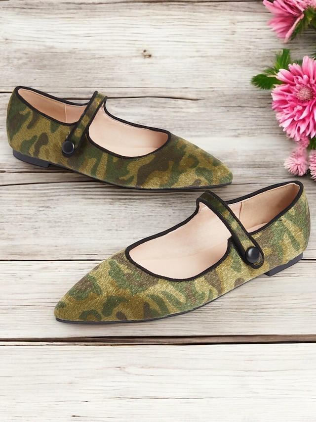  pantofi Mary Jane pentru damă cu imprimeu camuflat – material din păr de ponei artificial, pantofi cu vârf ascuțit, confortabili, cu talpă moale, ideali pentru ținute casual, activități în aer liber și stil de zi cu zi