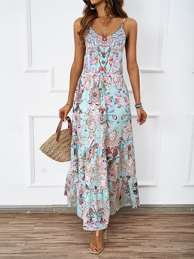  Damen Maxidress Casual kleid A Linie Kleid skims dress Boho-Kleid Böhmen Brautkleider schlicht Boho Urlaub Täglich Regular Fit Blumen Ärmellos Gurt Blau Grün Sommer