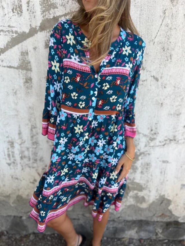  Damskie Sukienka midi Codzienne sukienki Sukienki w stylu boho Bohema Codzienny Boho Urlop Codzienny Plaża Luźna Kwiaty Rękaw 3/4 Kołnierzyk koszuli Granatowy Królewski błękit Fioletowy Lato Wiosna