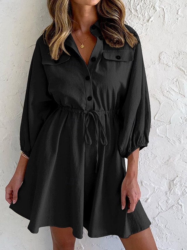  Per donna Mini Abito Abiti in cotone e lino Abito Camicia Vestito Casual Essenziale Casual Vacanza Quotidiano Vestibilità regolare Semplice Manica 3/4 Colletto a Camicia Nero Cachi Estate