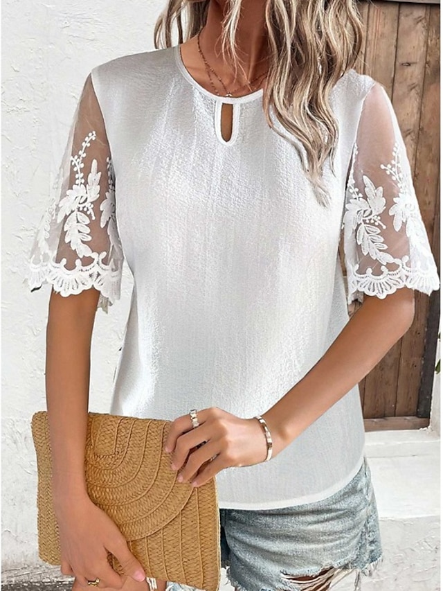  Top in pizzo bianco elegante da donna con occhiello top regolari quotidiani maniche corte girocollo pizzo regolare quotidiano uscita romantica top petite estivi per le vacanze bianco estate