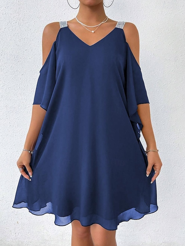  Pentru femei Rochie Mini Rochie de Cocktail Rochie pentru invitata de nunta Rochii din Șifon Elegant Un umăr rece Zilnic Potrivire Largă Culoare solidă Fără manșon În V Bleumarin Vară Primăvară Toamnă