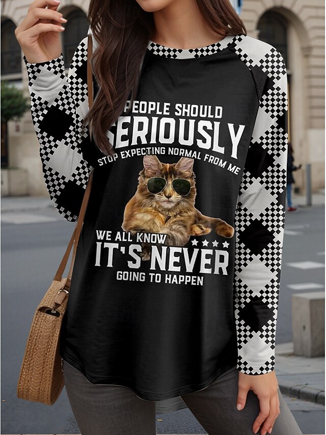 Women's T shirt Long Sleeve Cat Letter Casual Long Sleeve Crew Neck Long Tops Daily Print Black Spring Fall Prefall4