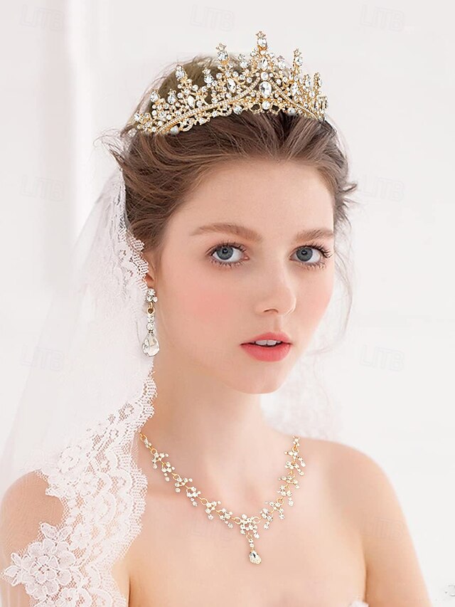  funkelndes Diamant-Tiara-Kronen- und Halsketten-Set – vergoldeter Brautschmuck mit Ohrringen, perfekt für Hochzeiten, Festzüge und besondere Anlässe