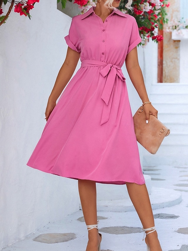  Damen Midikleid blusenkleid Casual kleid A Linie Kleid Stilvoll Ausgefallene Arbeit Täglich Regular Fit Glatt Kurzarm Hemdkragen Rosa Grün Sommer Frühling