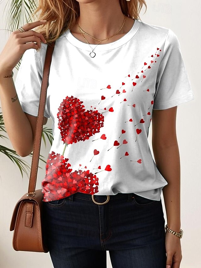Women's T Shirt Heart Casual Short Sleeve Round Neck Regular Tops Daily Print White Summer4