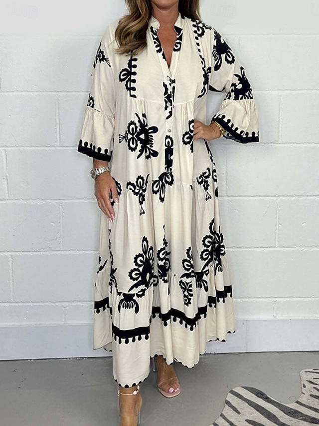  Dame Maxikjole Uformell kjole Boho elegante kjoler Boho-kjole Bohem Stilfull Fritid Feriereise Daglig Strand Løstsittende Grafisk 3/4 ermer V-hals Svart Rød Grønn Beige Sommer Vår