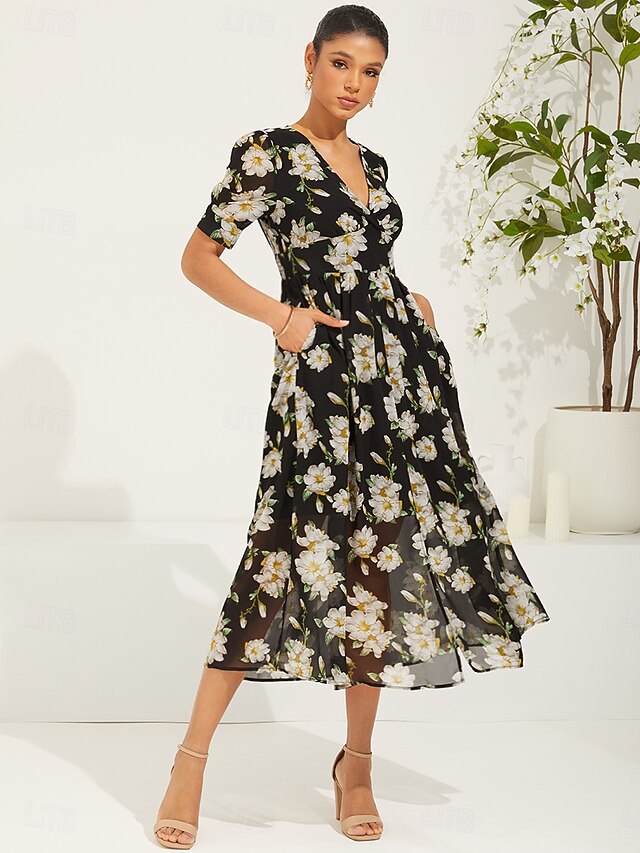Summer Women Floral Dress High Waist A-line Midi Mesh Dresses main image 1