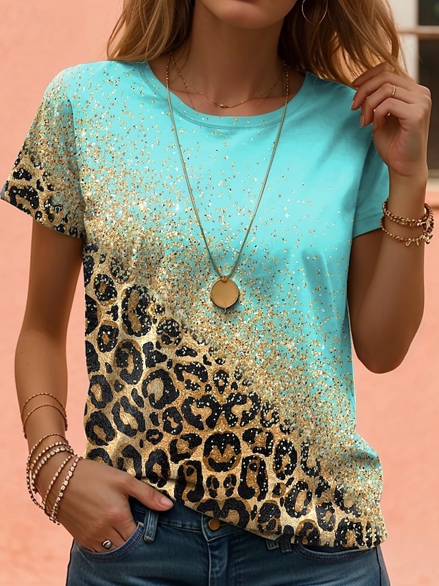  Femme T shirt Chat Lettre Décontractées Manche Courte Col Rond Hauts réguliers du quotidien Imprimer Rose Claire Vert Eté