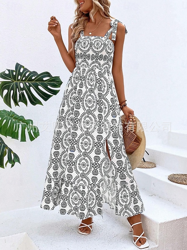  Mujer Vestido maxi Vestido informal Vestidos Boho Chic Vestido lencero Bohemia Estilo lindo Casual Vacaciones Diario Playa Holgado Floral Sin Mangas Con Tirantes Negro Azul Piscina Verano