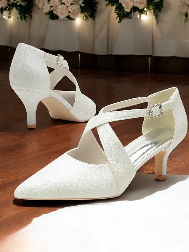  tacchi a gattino con cinturino incrociato glitterato bianco e fibbia in strass – scarpe eleganti da donna per eventi formali
