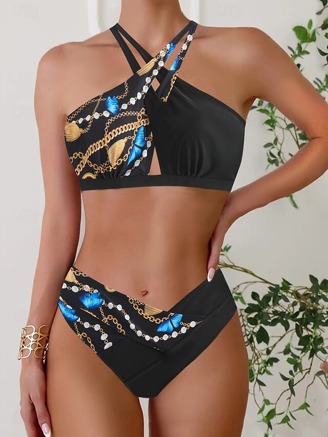  Dam Badkläder Bikini 2 st Kaxig Baddräkt Öppen rygg Smal Semester Standkläder Grafisk Halterneck Ärmlös Baddräkter
