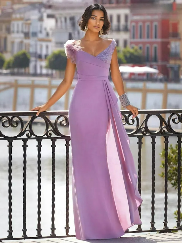  gaine / colonne robe de soirée robe élégante plage mariage mariage formel longueur au sol sans manches col en V mousseline de soie avec broderie de paillettes de plumes 2025