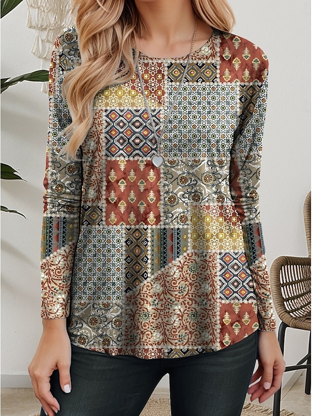  Damen T Shirt Grafik Geometrisch Lässig Langarm Rundhalsausschnitt Normale Oberteile Täglich Druck Salbeigrün Frühling Herbst