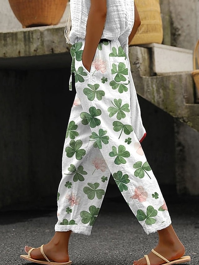  Dames Katoenen linnen broek Broeken Lichtgewicht Casual Volledige lengte Medium taille Grafisch Klaver Zak Trekkoord Ademend Comfortabel Inelastisch Casual / Dagelijks Weekend Groen Klaver Zomer Lente