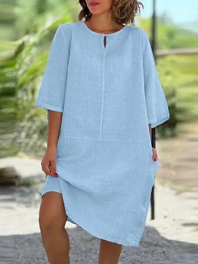  Per donna Mini Abito Abiti in cotone e lino Vestito Casual Essenziale Casual Vacanza Quotidiano Vestibilità regolare Semplice Manica 3/4 Girocollo Giallo Vino Grigio Azzurro Estate