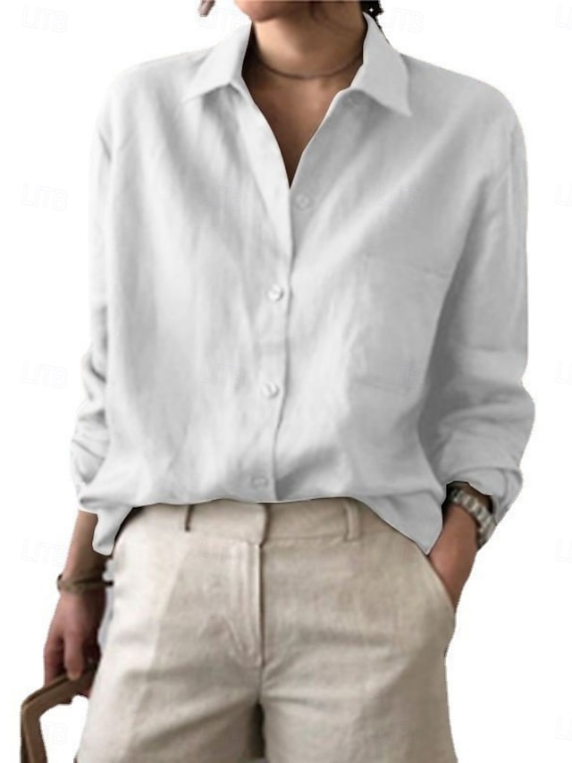  Per donna Camicia Camicie di cotone e lino Abbottonare Blusa Tinta unica Elegante Casual Manica Lunga Colletto a Camicia Top Regolari Quotidiano Bottoni Bianco Rosa Estate Primavera