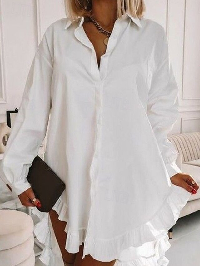 Women's Mini Dress White Dress Casual Dress Stylish Classic Casual Work Daily Date Regular Fit Long Sleeve Shirt Collar White Spring Fall4