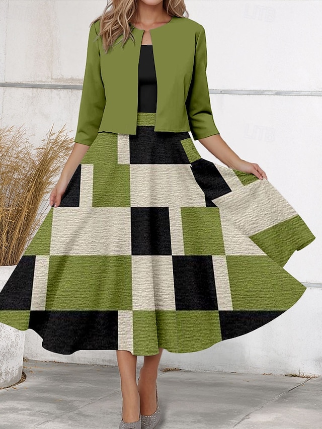 Damen Zwei-Teiler Kleid Sets Midi Kleid mit Jacke Elegantes A-Linien Kleid Halbarm Druck Kleid Vintage Farbblock Geometrischer Druck 3/4 Länge Ärmeln Rundhals Alltag Grün Frühling Herbst Regelmäßige