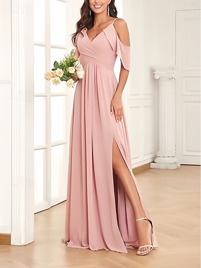 A-Line Bridesmaid Dress V Neck / Spaghetti Strap Short Sleeve Elegant ...