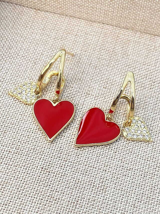  Red and Gold Heart Drop Earrings with Rhinestone Detailing – Romantic Jewelry for Women, Perfect for Valentine's Day or Date Nights