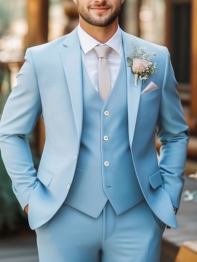  Completi da matrimonio estivi da uomo in cielo blu sagomato a tinta unita a 3 pezzi con abbottonatura singola a due bottoni
