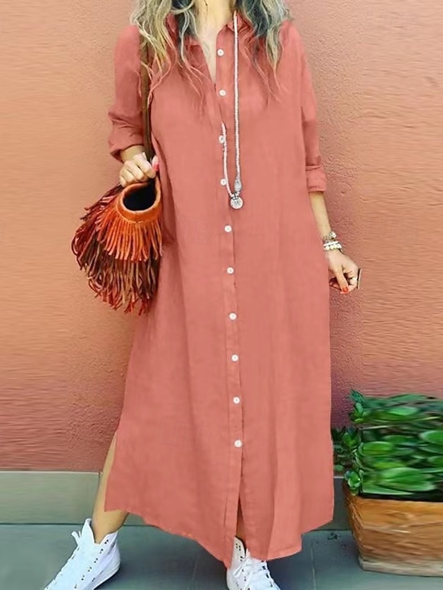  Per donna Abito Lungo Maxi Abito Abiti ispirati al lino Abito Camicia Vestito Casual Elegante Casual Vacanza Quotidiano Data Vestibilità regolare Semplice Manica Lunga Bavero Rosso Cachi Blu scuro