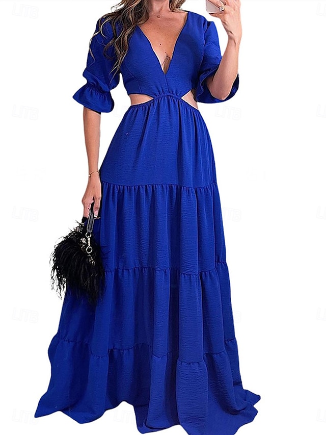  Per donna Vestito maxi Vestito da festa Abito linea A Elegante Moda Informale Manica svasata Feste Appuntamento Standard Liscio Manica lunga A V Rosso Blu Primavera Autunno Inverno