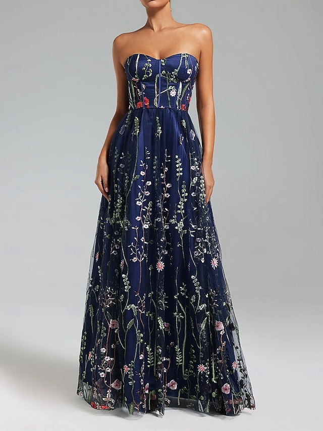  A-Linien-Ballkleider, Vintage-Kleid, Abendkleid, Partykleid, Ballkleid, bodenlang, ärmellos, trägerlos, Baumwollmischung, rückenfrei, mit Blumendruck, Stickerei 2025