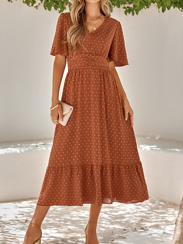  Mujer Vestido Midi Vestido informal Vestido de Columpio Vestido de una línea Elegante Básico Casual Vacaciones Diario Ajuste regular Plano Manga Corta Escote en Pico Verde Claro Rojo Verano Primavera