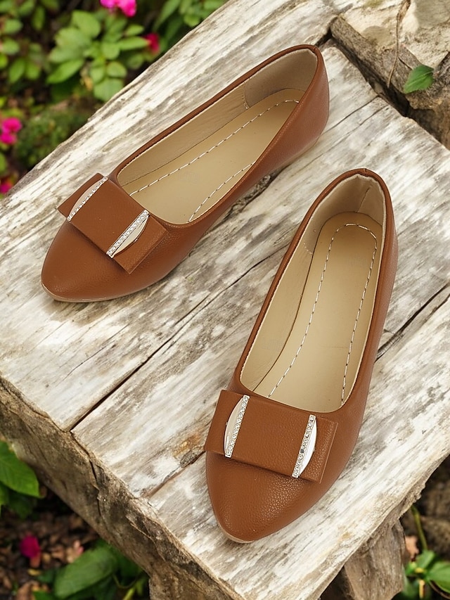  Women's Brown Faux Leather Pointed-Toe Flats with Bow and Rhinestone Detailing - Casual and Office Wear Shoes