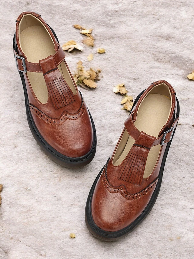 Women's Brown T-Strap Mary Jane Shoes with Brogue Detailing and Chunky Sole - Vintage Style Flats for Casual and Everyday Wear 12