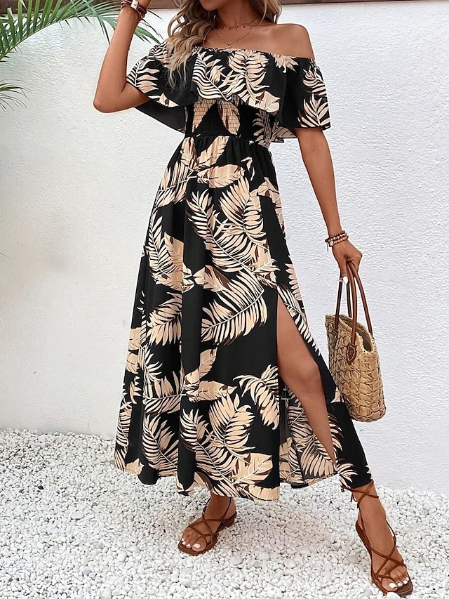  Per donna Vestito maxi Abito casual Abito linea A Moda Informale Da mare Giornaliero Standard A foglia Manica corta Senza spalline Nero Estate