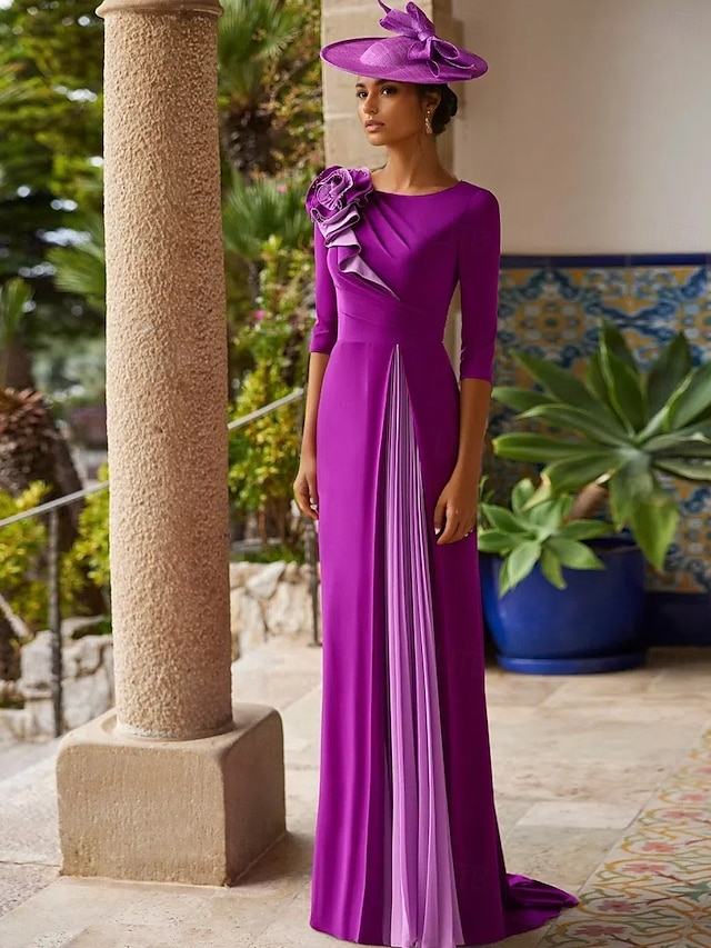  abito da sera a trapezio elegante abito formale lungo fino al pavimento manica a 3/4 scollo gioiello autunno invitato matrimonio crêpe elasticizzato con fiore sulla spalla 2025