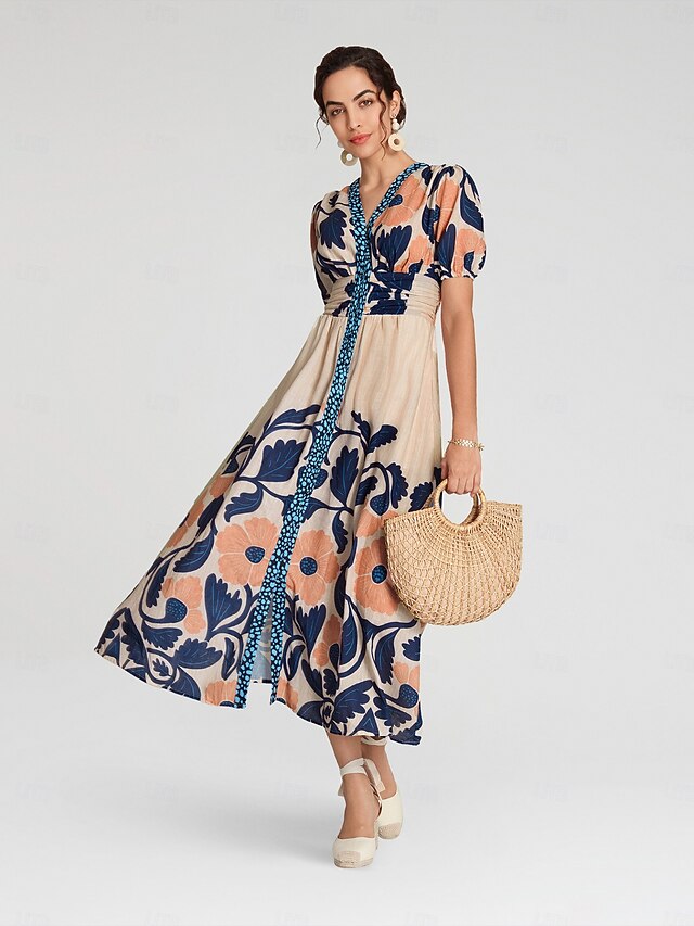 Floral High Waist Short Sleeve V Neck Maxi Dress 2025 - $65.99