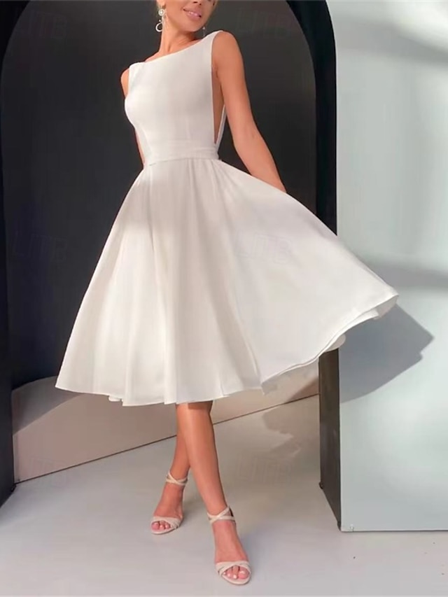  Petite Robe Blanche Hall Robes de Douche Nuptiale Robes de Mariage Boho Robes de Bal Bretelles Spaghetti Décolleté Écope Sans Manches Longueur Thé Tissu Élastique Costumes de Mariée Robes de Mariée