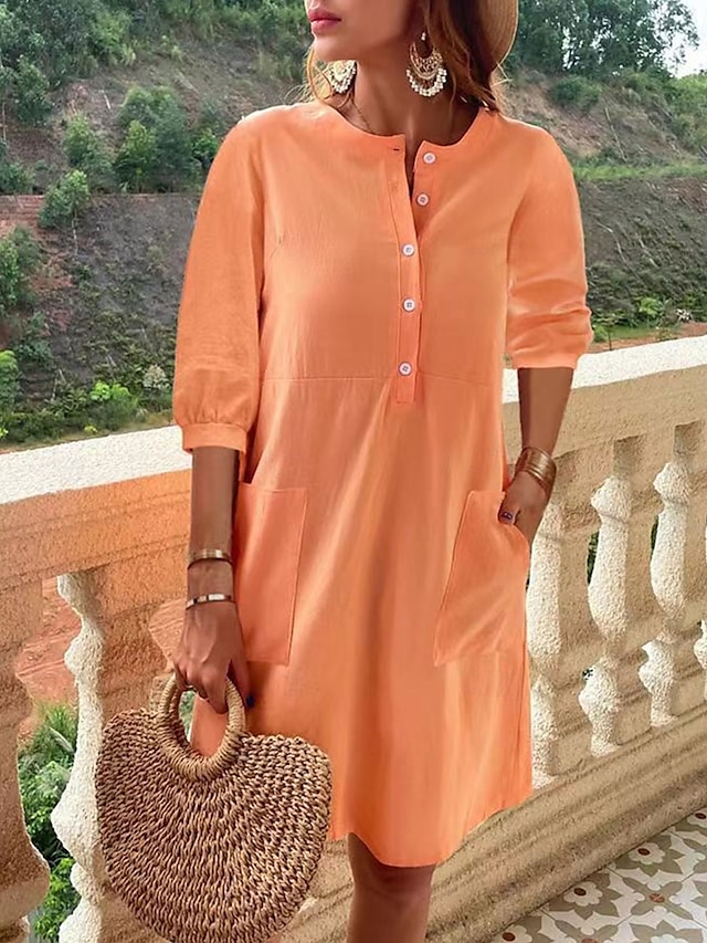 Women's Long Dress Maxi Dress Linen-Inspired Dresses Casual Dress Elegant Stylish Basic Vacation Daily Date Regular Fit Plain 3/4 Length Sleeve Crew Neck Blue Orange Summer Spring Fall