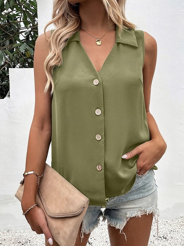  Női top camisole egyszínű stílusos hétköznapi ujjatlan V nyakú normál fazonú napi gombos fehér katona zöld nyár tavasz ősz