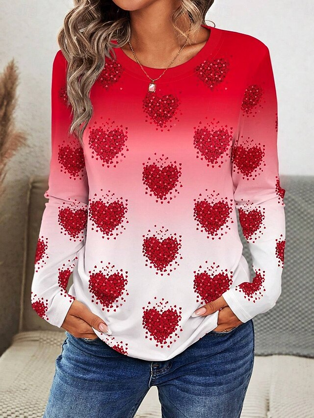 Women's T shirt Crew Neck Long Sleeve Tunic Ombre Heart Casual  Regular Tops Daily Print Red Spring Fall4