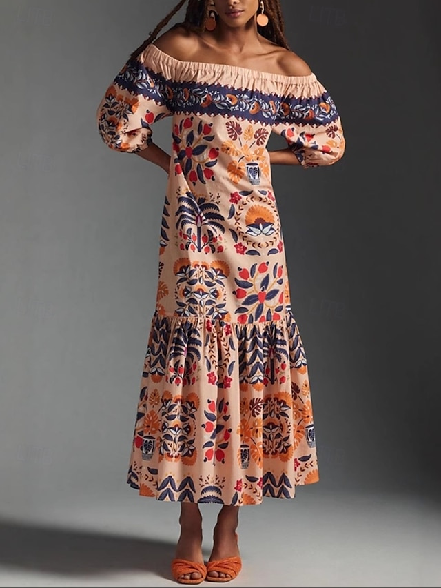  Per donna Vestito maxi Abito casual Abiti Boho Chic Abito boho Boemia stile sveglio Moda Da mare Giornaliero Spiaggia Morbido Pop art Manica lunga Senza spalline Arancione Estate Primavera