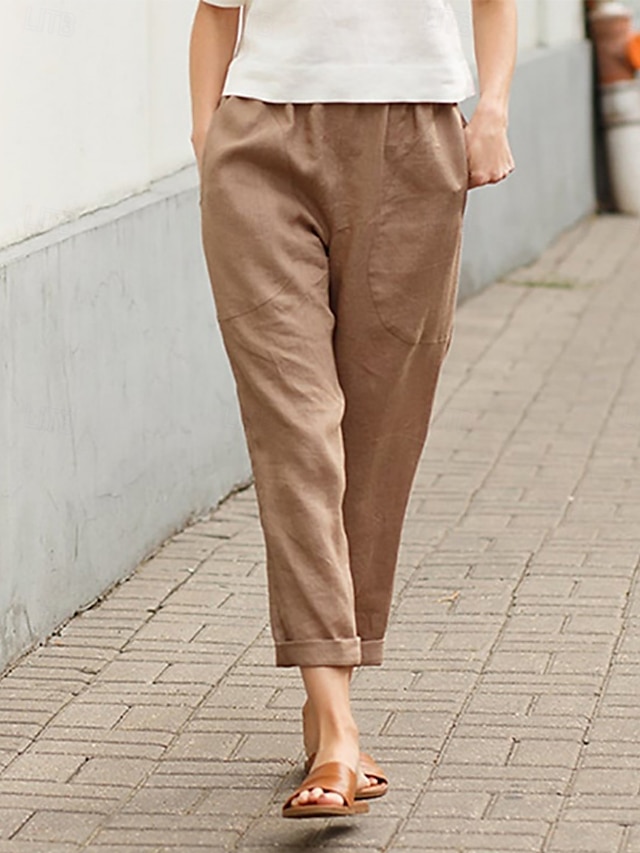  Per donna Pantaloni in cotone e lino Chinos Moda Streetwear Lunghezza intera Vita Alta Semplice Tasca Fascia Elastica Comodo Morbido Confortevole Micro-elastico All'aperto Streetwear Bianco Rosso